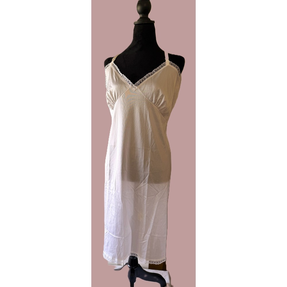 Vintage White Full Slip Lace Trim Antron III Nylon Adjustable Straps Size 46
